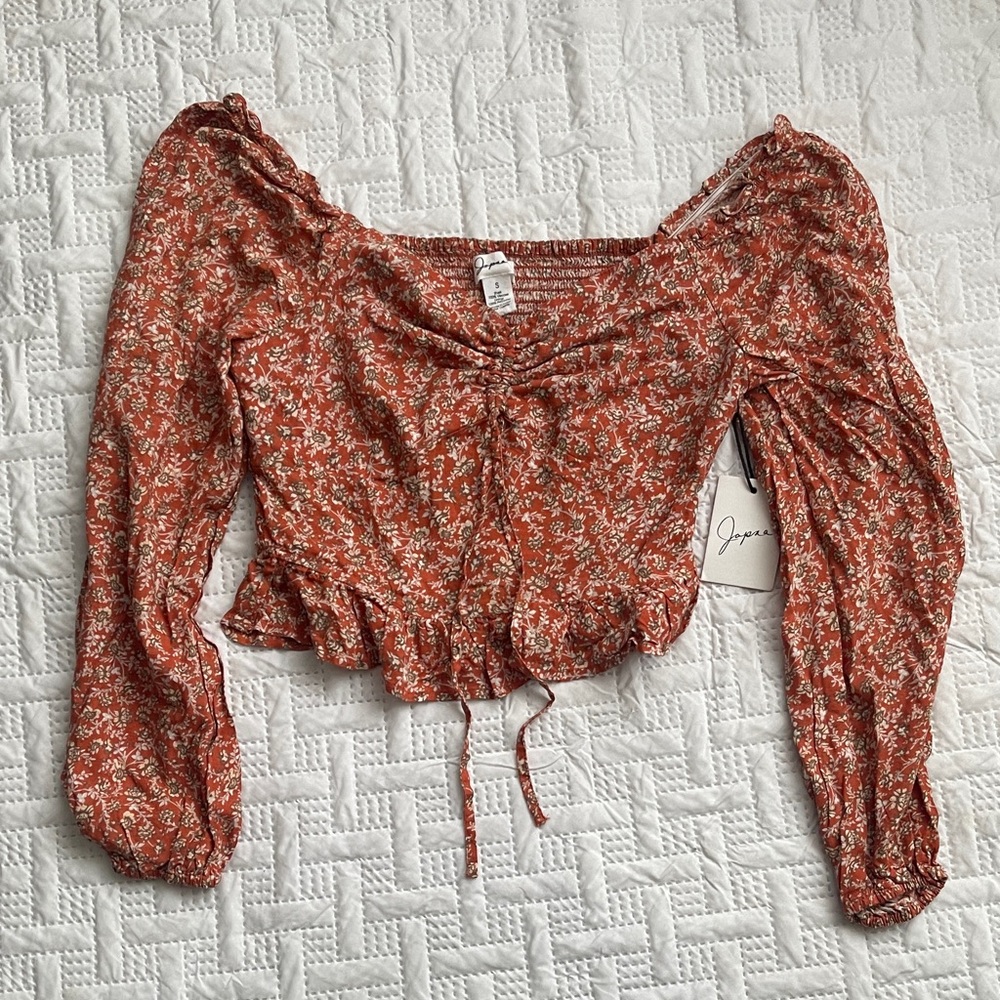 Jopna Floral Ruffle Long-Sleeve Crop Top - Rust Floral